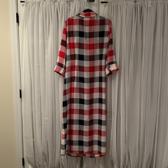 Red, Black, and White Plaid Shirt Dress - Picture 2 of 4